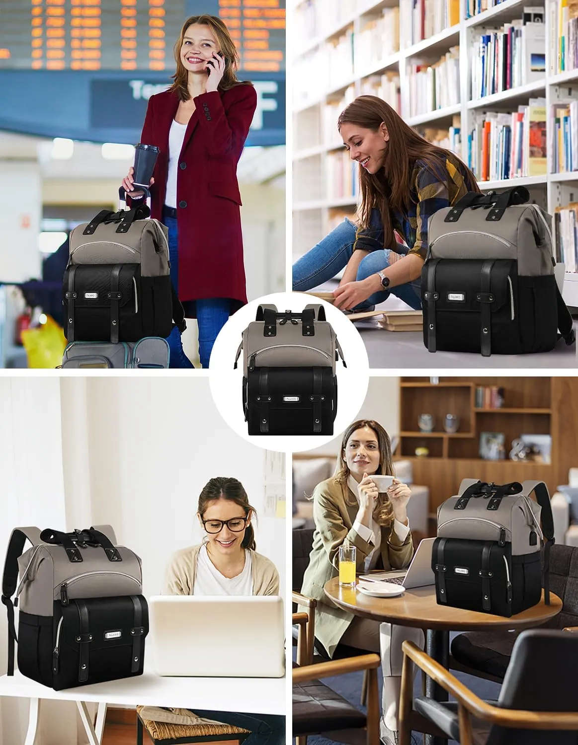 FALANKO Laptop Backpack for Women,Stylish Doctor Nurse Teacher Work Travel Backpack for 15.6 Inch Laptop with RFID Anti-theft USB Charging Port College Purse Business Computer Bookbag Grey Black