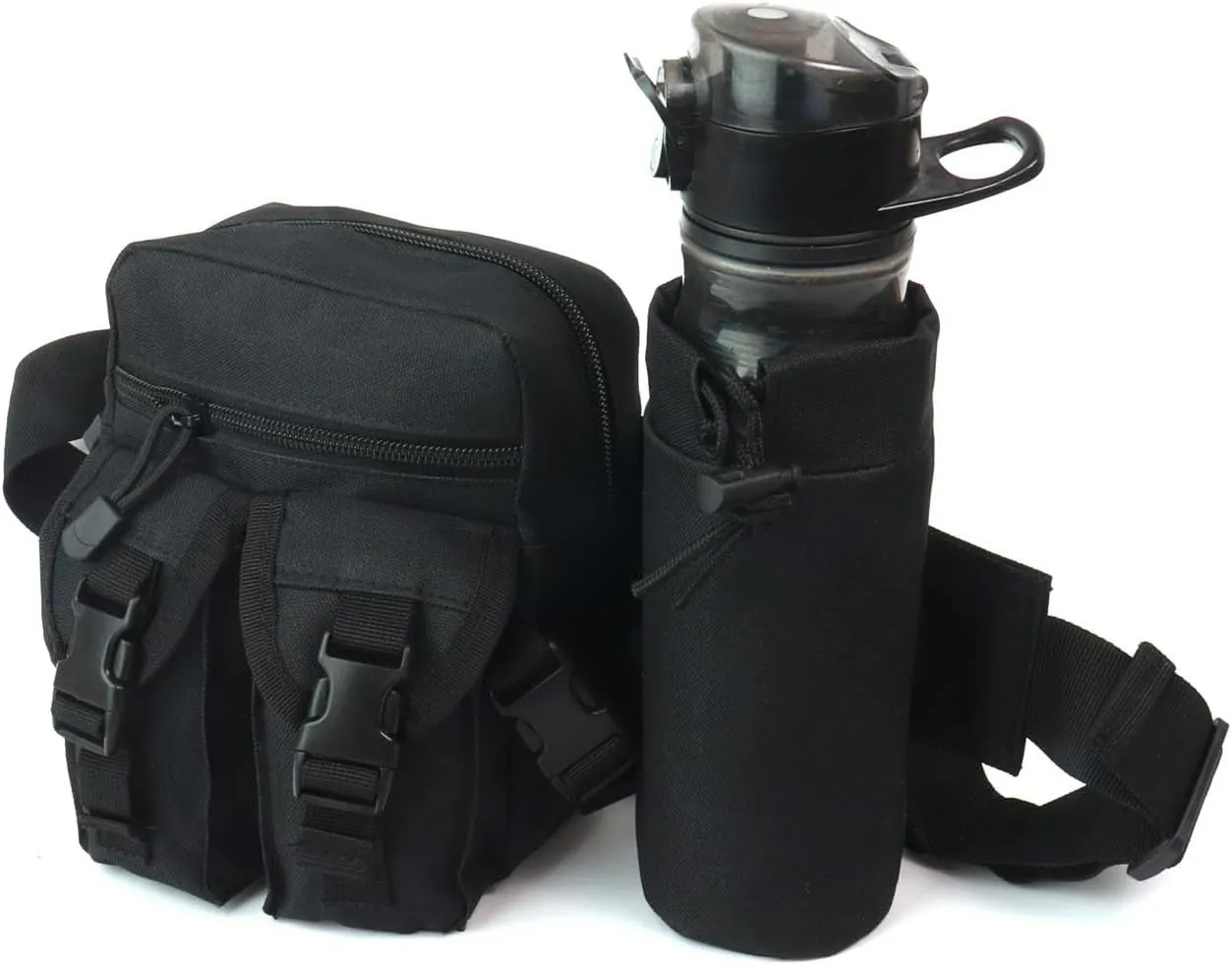 Fanny Pack Tactical Water Bottle Waist Pack Military Fanny Packs MOLLE Army Waist Bag Utility Hip Belt EDC Pack Bag for Outdoors Traveling Camping Hunting Running Cycling Fishing Dog Walking (Black)