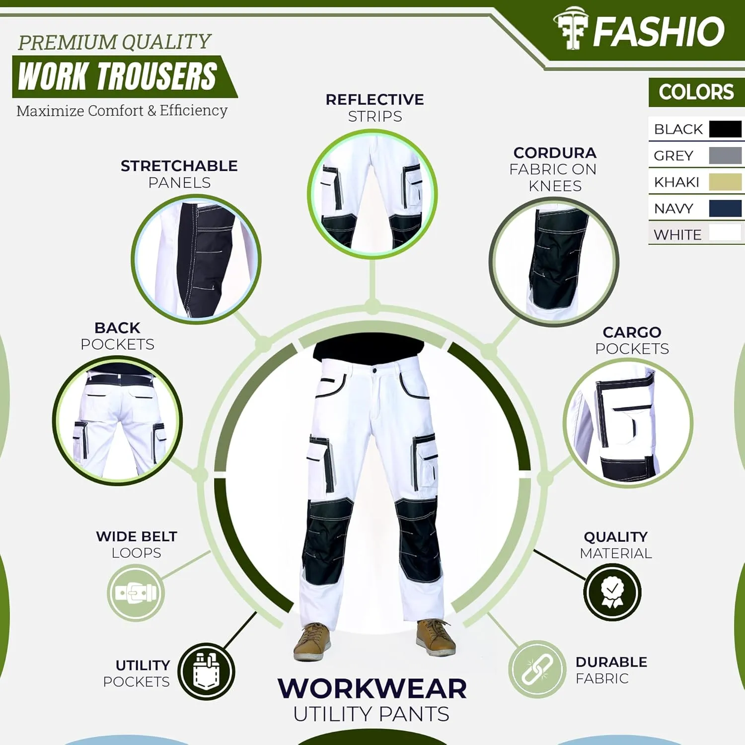 FASHIO FF Mens Construction Pants Utility Work Heavy Duty Workwear Trousers Carpenter Knee Reinforcement Cordura Safety Pants