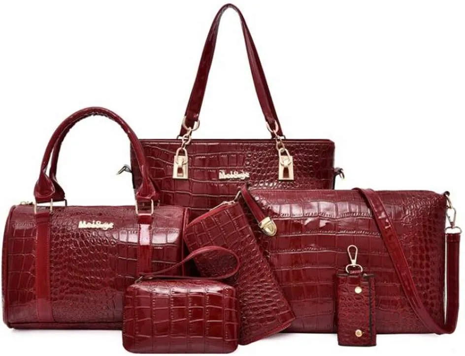 Fashion Shoulder Bag Crocodile 6Pcs Purses Tote Handbag Women Clutch