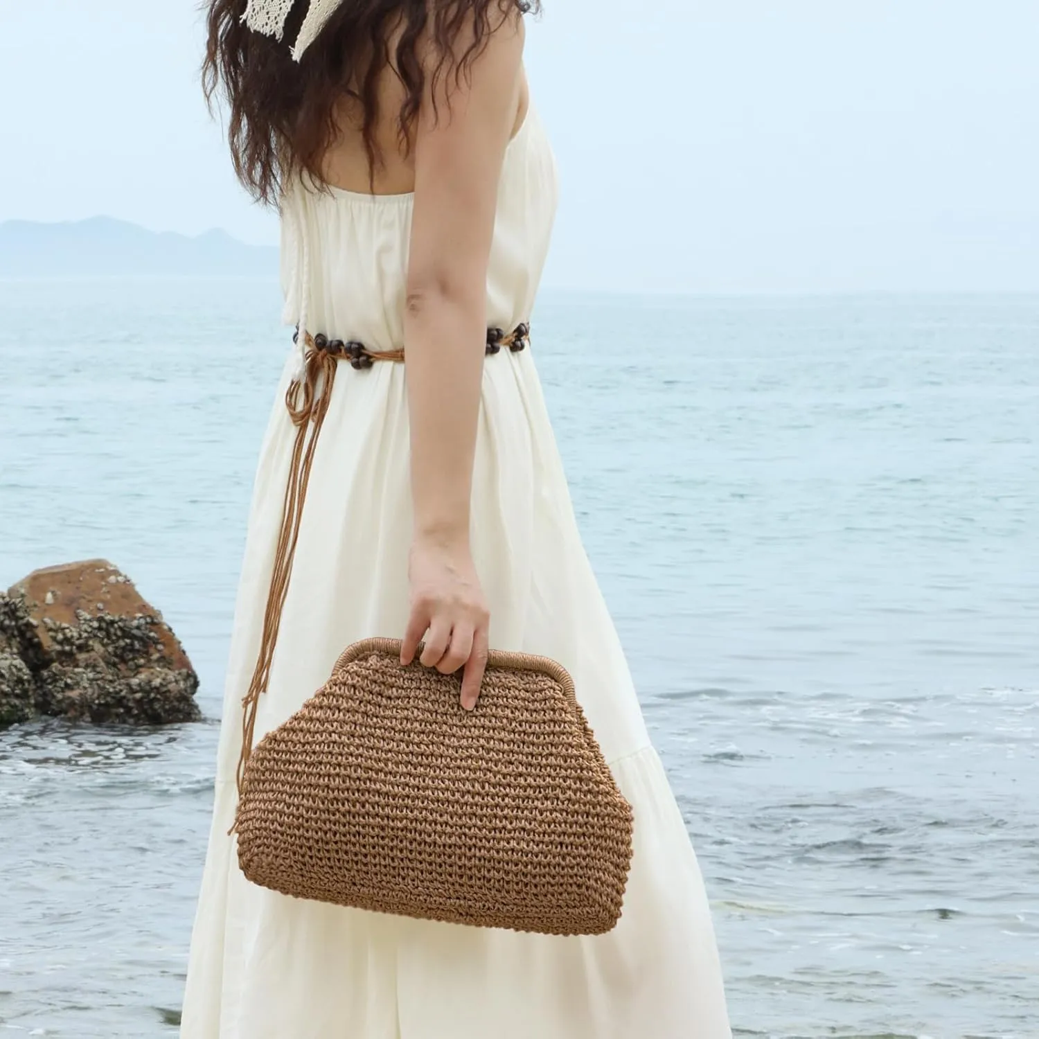 Fecialy Straw Clutch Purses for Women Woven Dumpling Handbag Summer Beach Clutch Wicker Raffia Crossbody Purses