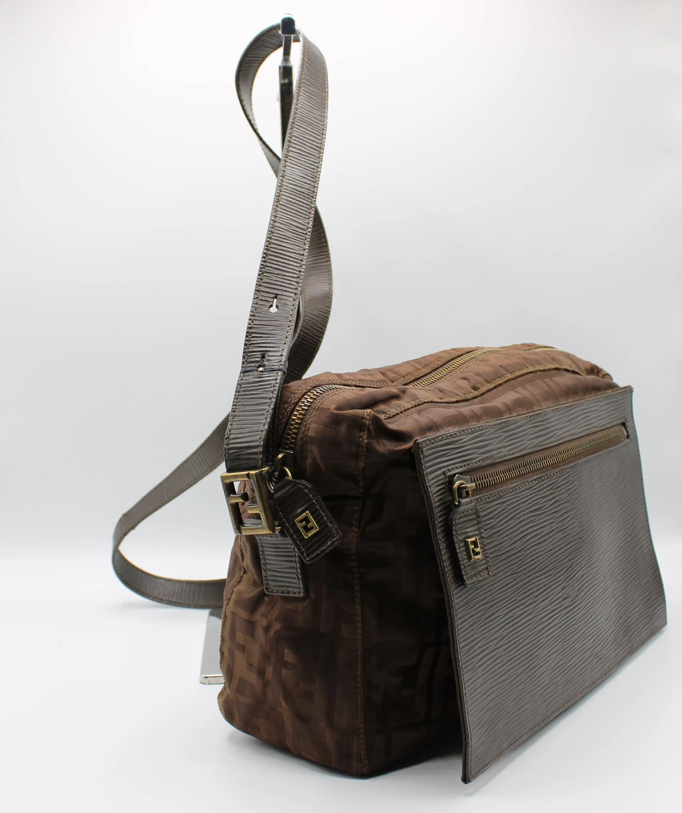 Fendi Messenger Bag Zucca FF Leather Flap Vintage