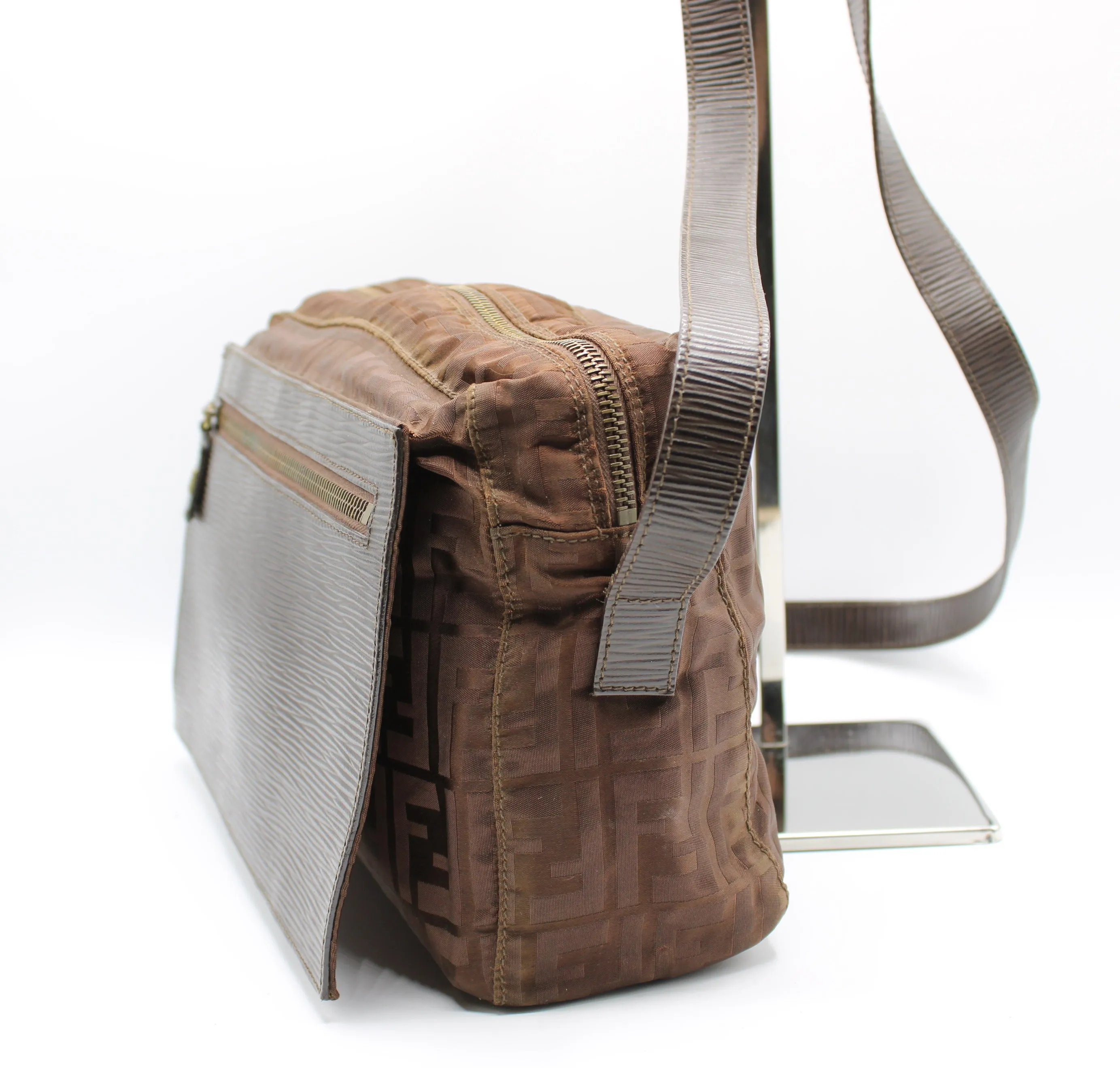 Fendi Messenger Bag Zucca FF Leather Flap Vintage