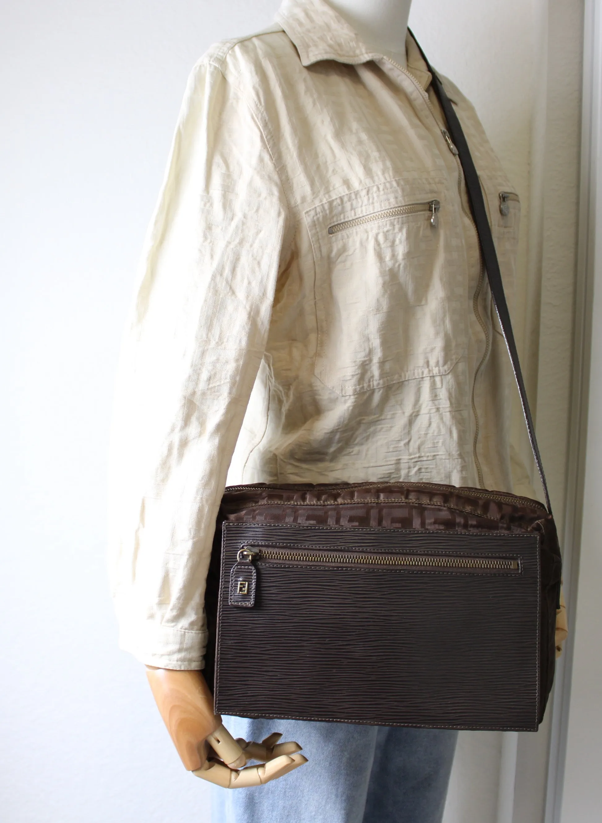 Fendi Messenger Bag Zucca FF Leather Flap Vintage