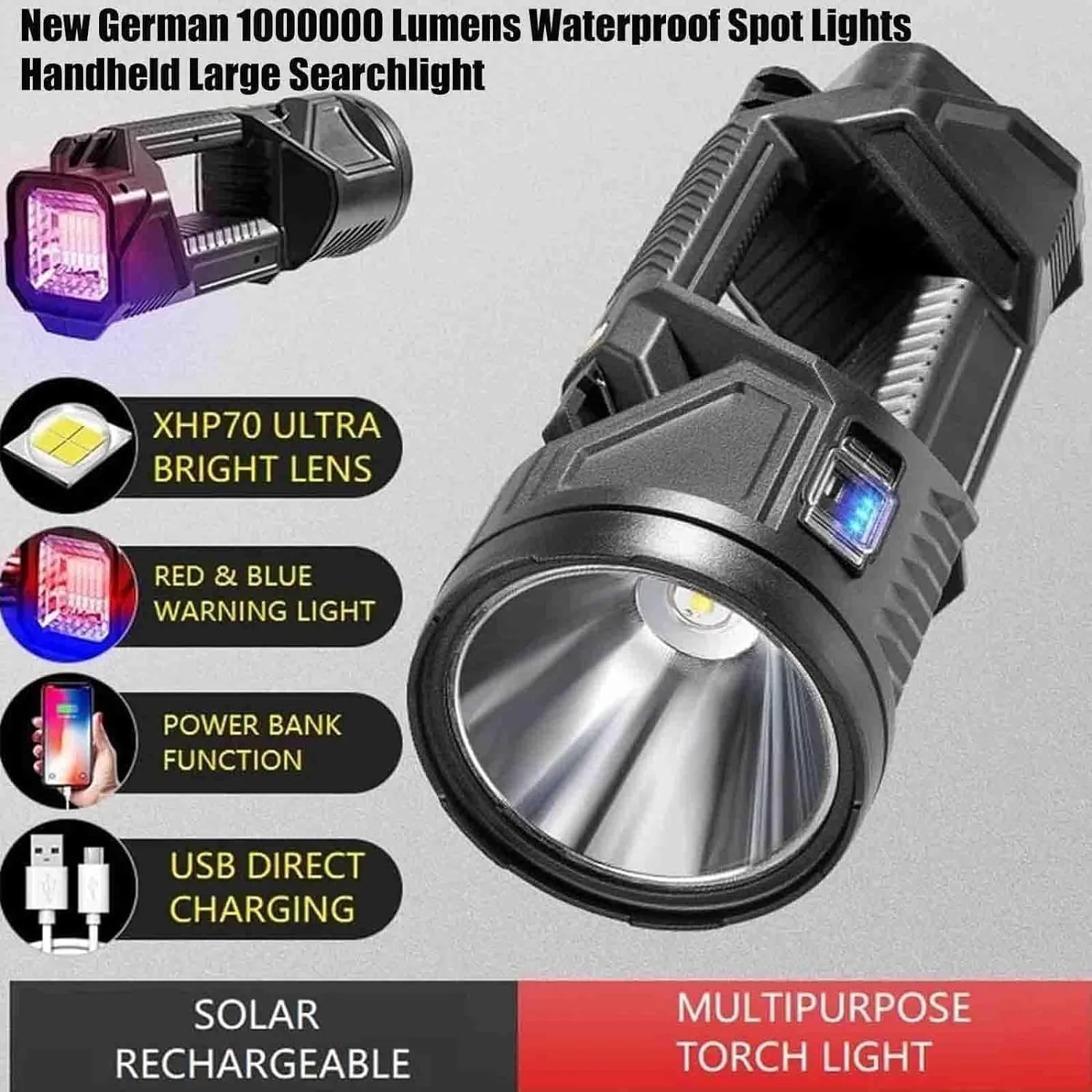 FETNHU New German 1000000 lumens Waterproof Spot Lights Handheld Large searchlight, Asaruley Light, Spot Lights Outdoor Handheld, Rechargeable Solar Tactical Flashlight (M)