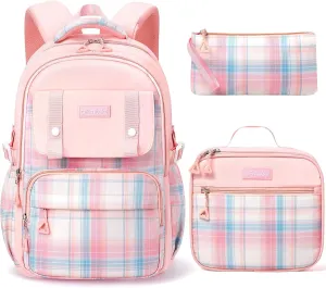 Fimibuke Backpack for Girls, 3 PCS Waterproof Kids Teens Girls School Backpack with Lunch Box, Pencil Pouch Set, Cute Bookbag Travel School Bag for Elementary Middle High School Students Age 6 (Pink)