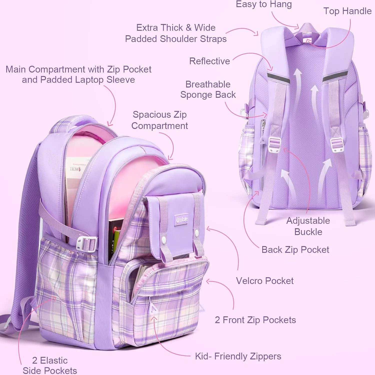 Fimibuke Backpack for Girls, 3 PCS Waterproof Kids Teens Girls School Backpack with Lunch Box, Pencil Pouch Set, Cute Bookbag Travel School Bag for Elementary Middle High School Students Age 6 (Pink)