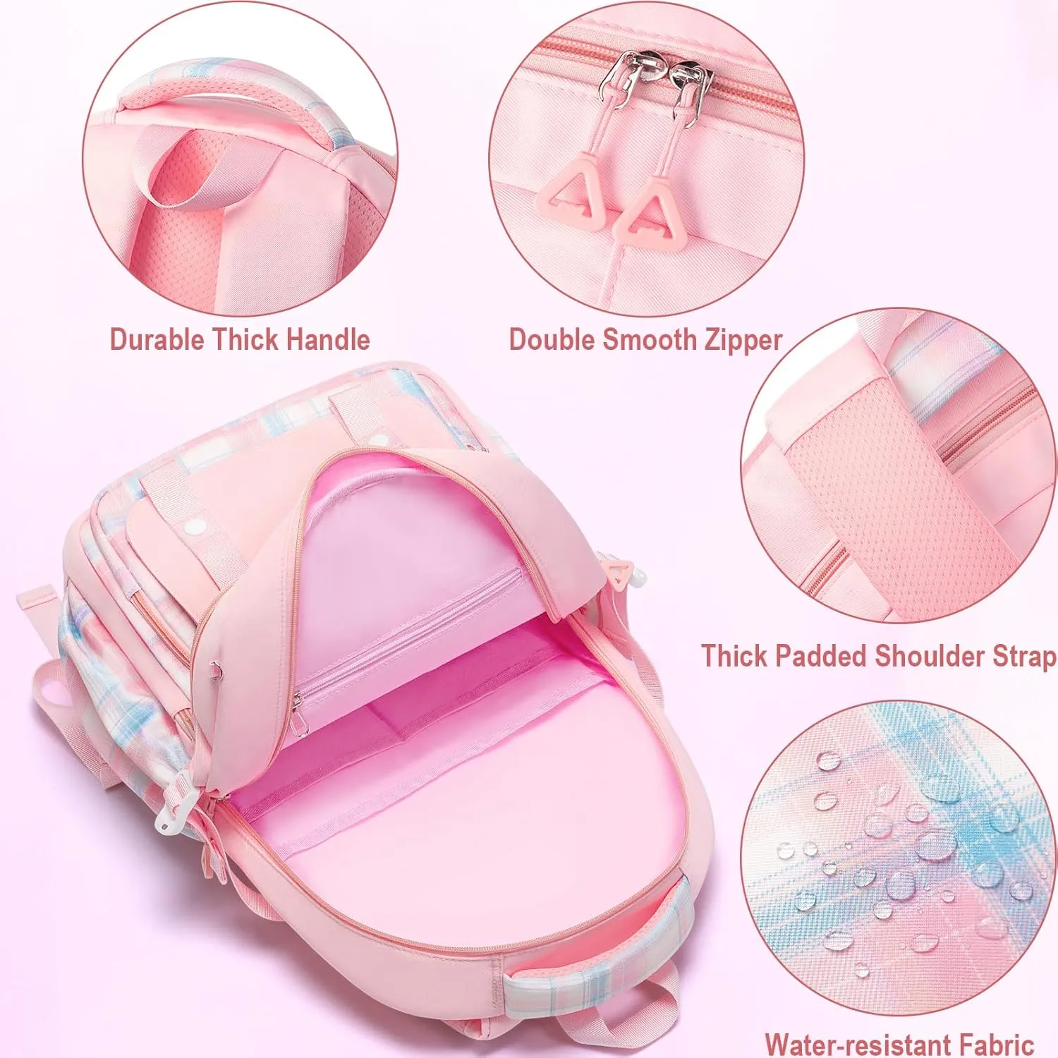 Fimibuke Backpack for Girls, 3 PCS Waterproof Kids Teens Girls School Backpack with Lunch Box, Pencil Pouch Set, Cute Bookbag Travel School Bag for Elementary Middle High School Students Age 6 (Pink)