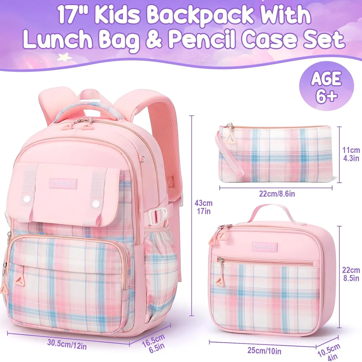 Fimibuke Backpack for Girls, 3 PCS Waterproof Kids Teens Girls School Backpack with Lunch Box, Pencil Pouch Set, Cute Bookbag Travel School Bag for Elementary Middle High School Students Age 6 (Pink)