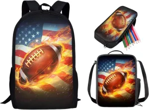 Fire Rugy Printed Kids Backpack Set with Lunch Box, American Flag School Bag Set for Boys and Girls, Lightweight Casual School Backpack Set Large Daypack Set for Primary School Students