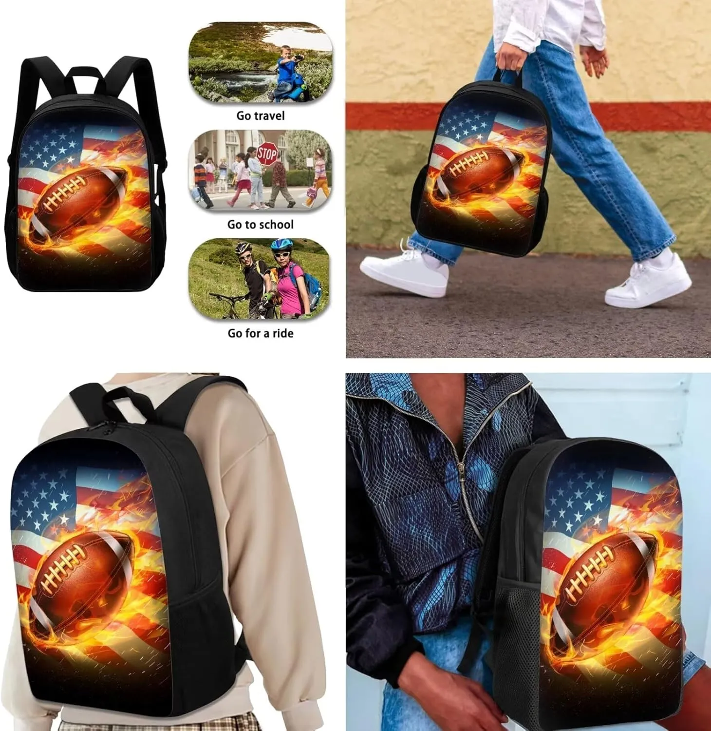 Fire Rugy Printed Kids Backpack Set with Lunch Box, American Flag School Bag Set for Boys and Girls, Lightweight Casual School Backpack Set Large Daypack Set for Primary School Students