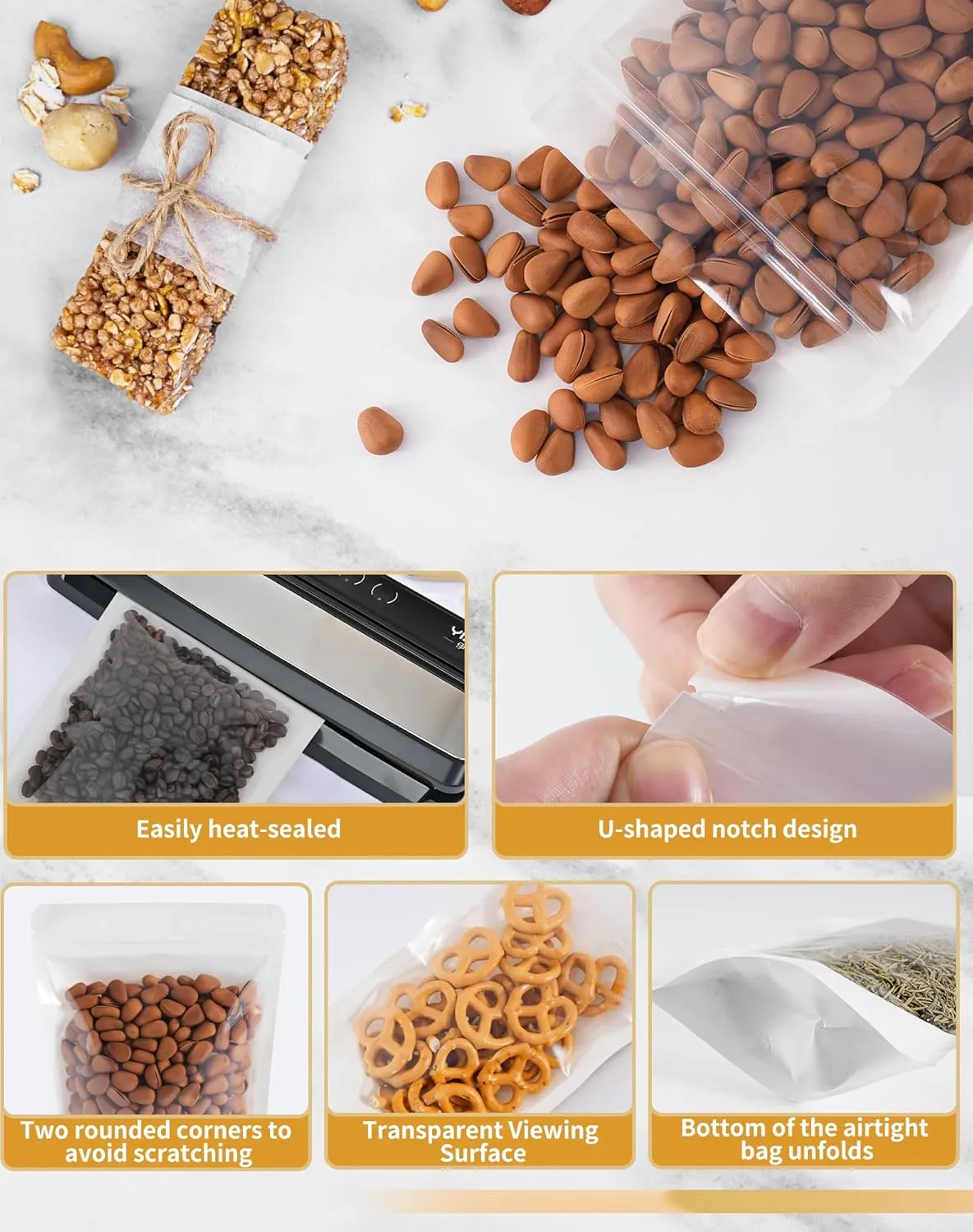 FireKylin 100 PCS Stand Up Pouches,4.7" x 7.9" Kraft Bags With Window Clear Front Pouches Resealable Zip Lock Food Storage White