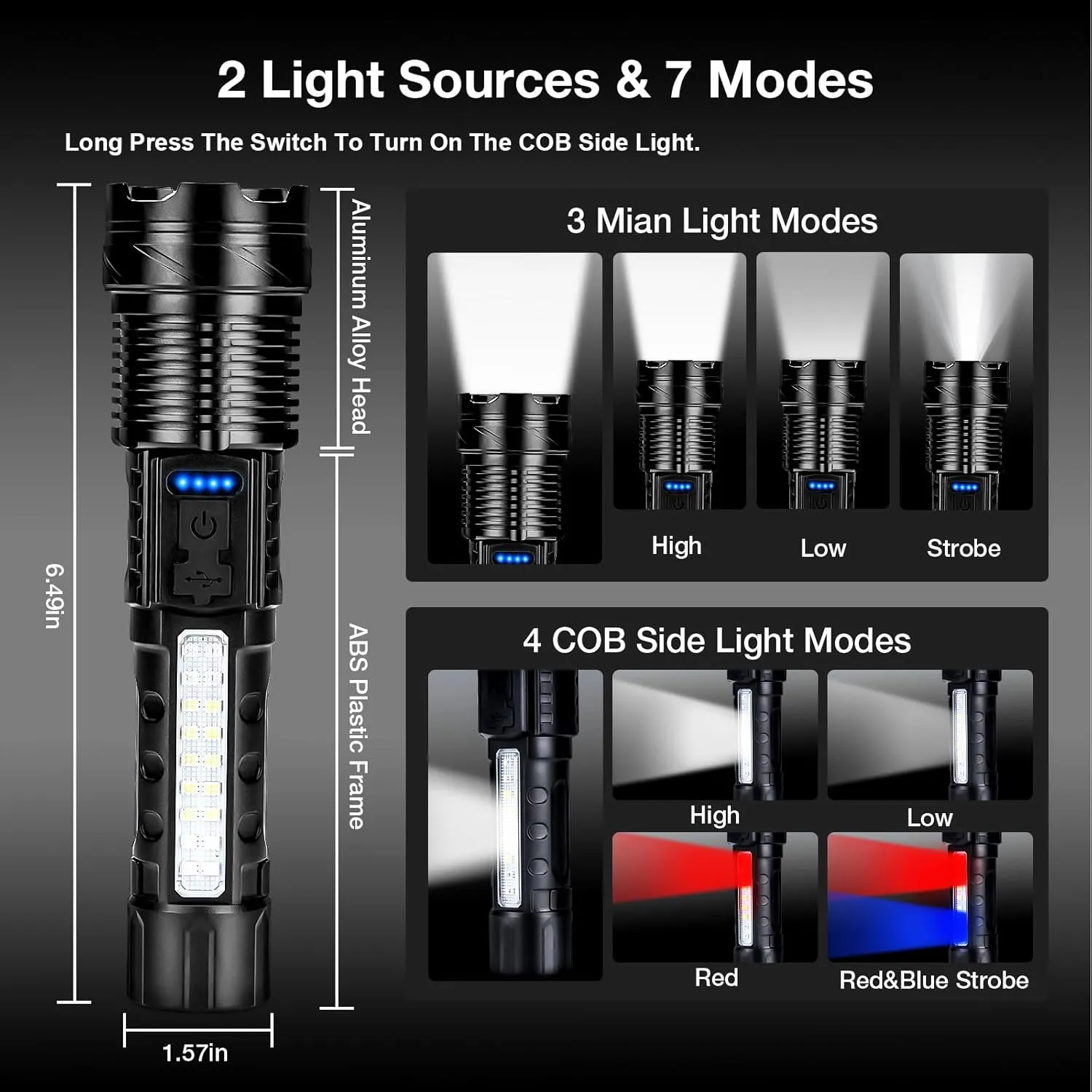 Flashlights High Lumens Rechargeable 2 Packs, LED Battery Powered Handheld Flashlight with 7 Modes, COB Side Light, USB C, Zoomable, Waterproof for Emergencies
