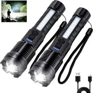 Flashlights High Lumens Rechargeable 2 Packs, LED Battery Powered Handheld Flashlight with 7 Modes, COB Side Light, USB C, Zoomable, Waterproof for Emergencies