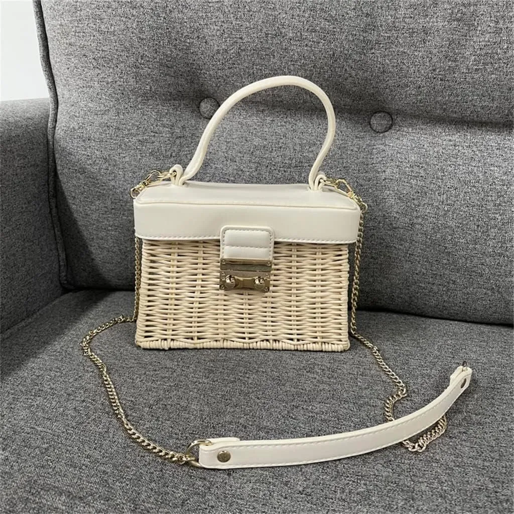 Flip Vintage Handbag Woven Crossbody Bags Casual Portable for Women Basket Rattan Bag Box