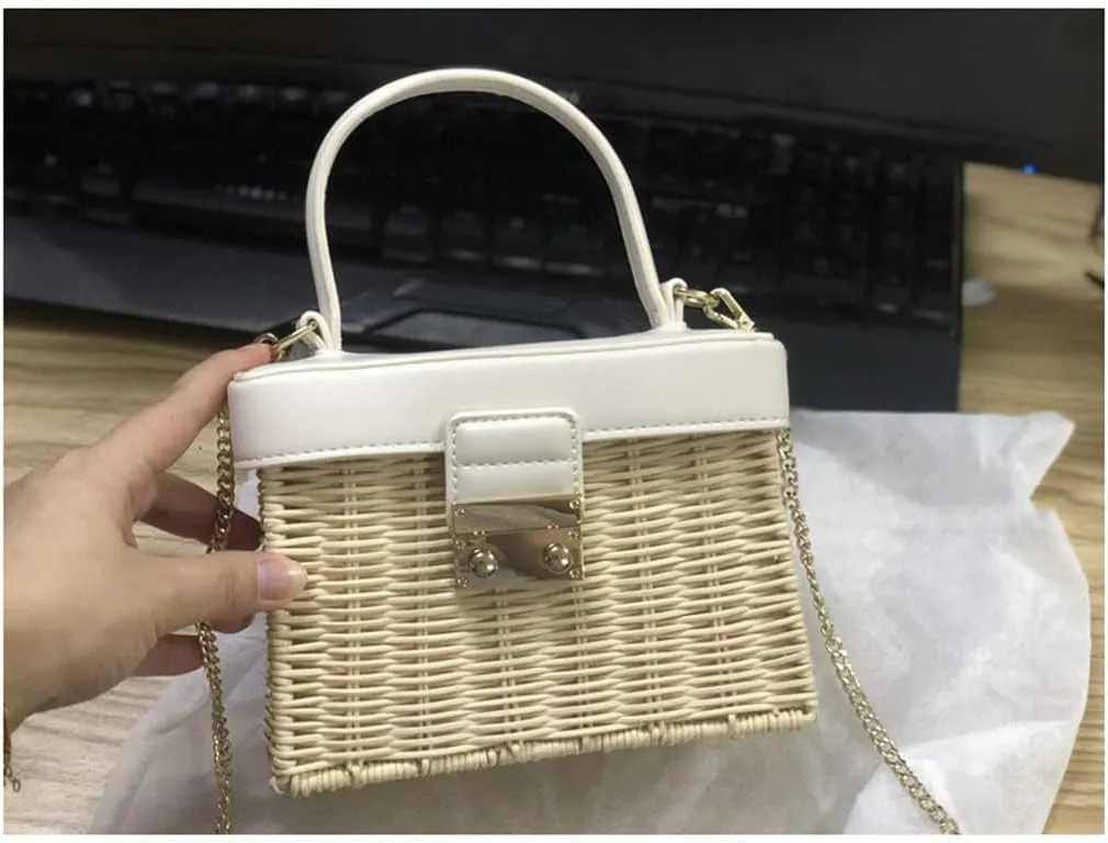 Flip Vintage Handbag Woven Crossbody Bags Casual Portable for Women Basket Rattan Bag Box
