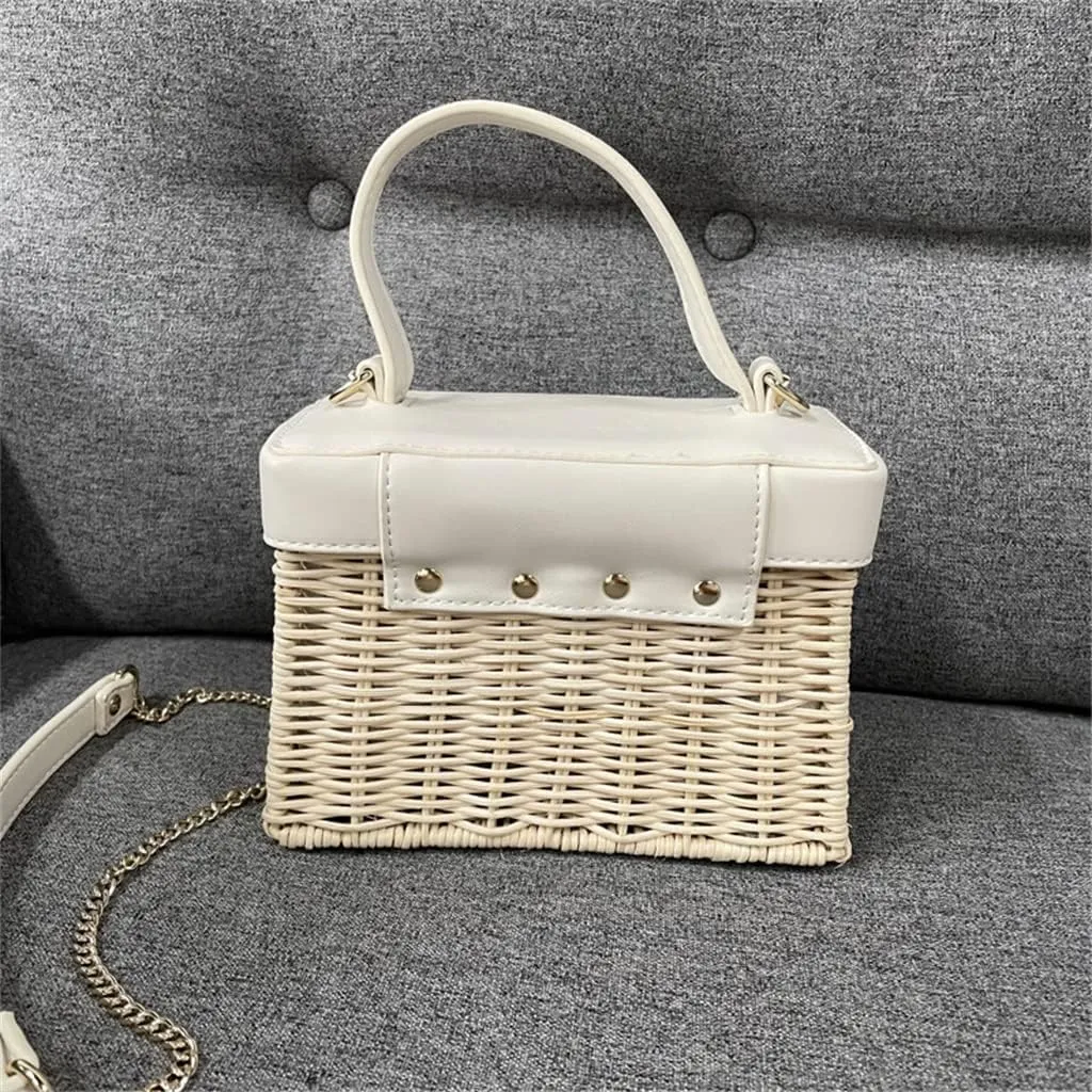 Flip Vintage Handbag Woven Crossbody Bags Casual Portable for Women Basket Rattan Bag Box