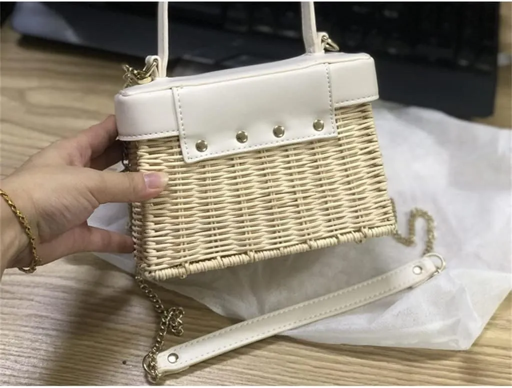 Flip Vintage Handbag Woven Crossbody Bags Casual Portable for Women Basket Rattan Bag Box