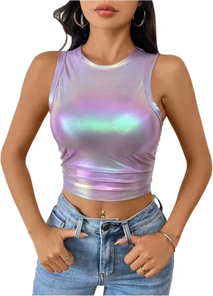 Floerns Women's Metallic Glitter Crew Neck Tank Top Ruched Sleeveless Party Crop Tops