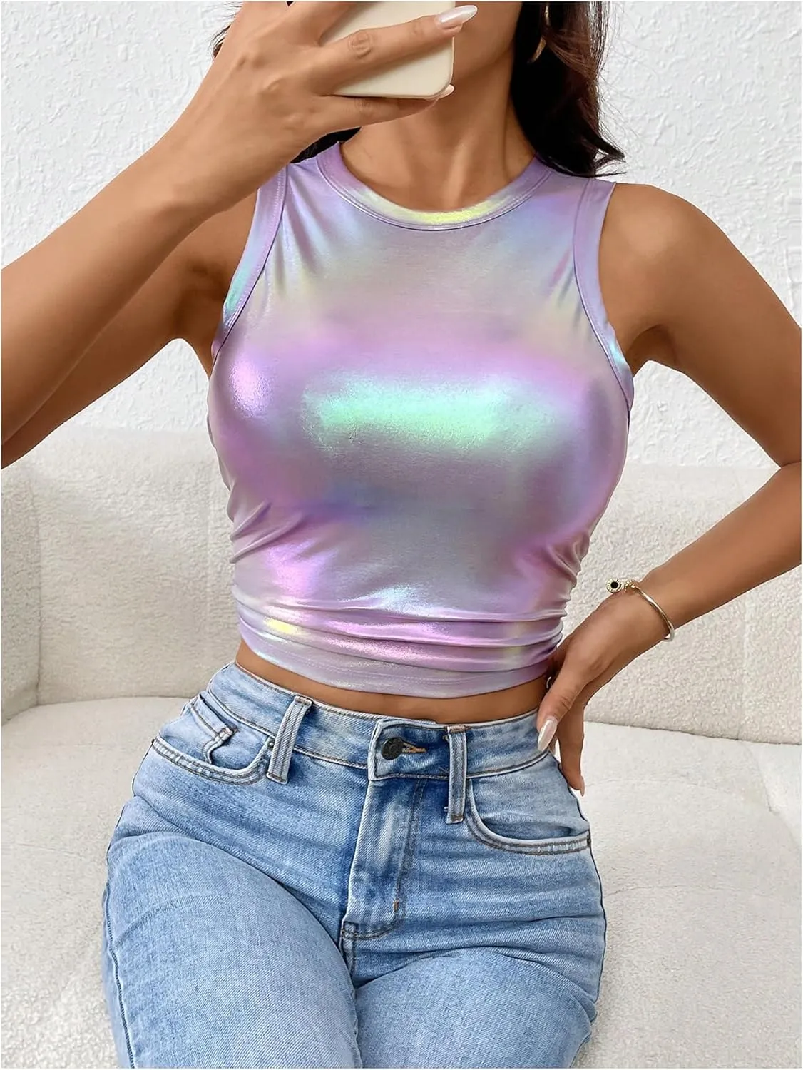 Floerns Women's Metallic Glitter Crew Neck Tank Top Ruched Sleeveless Party Crop Tops