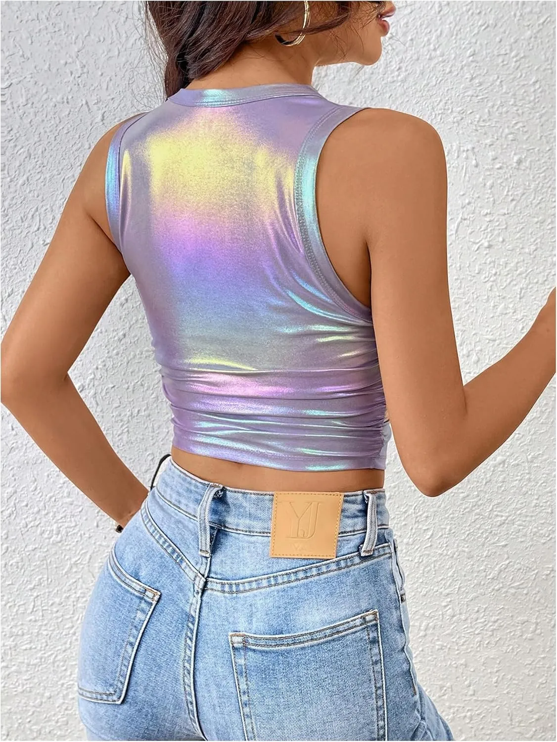 Floerns Women's Metallic Glitter Crew Neck Tank Top Ruched Sleeveless Party Crop Tops