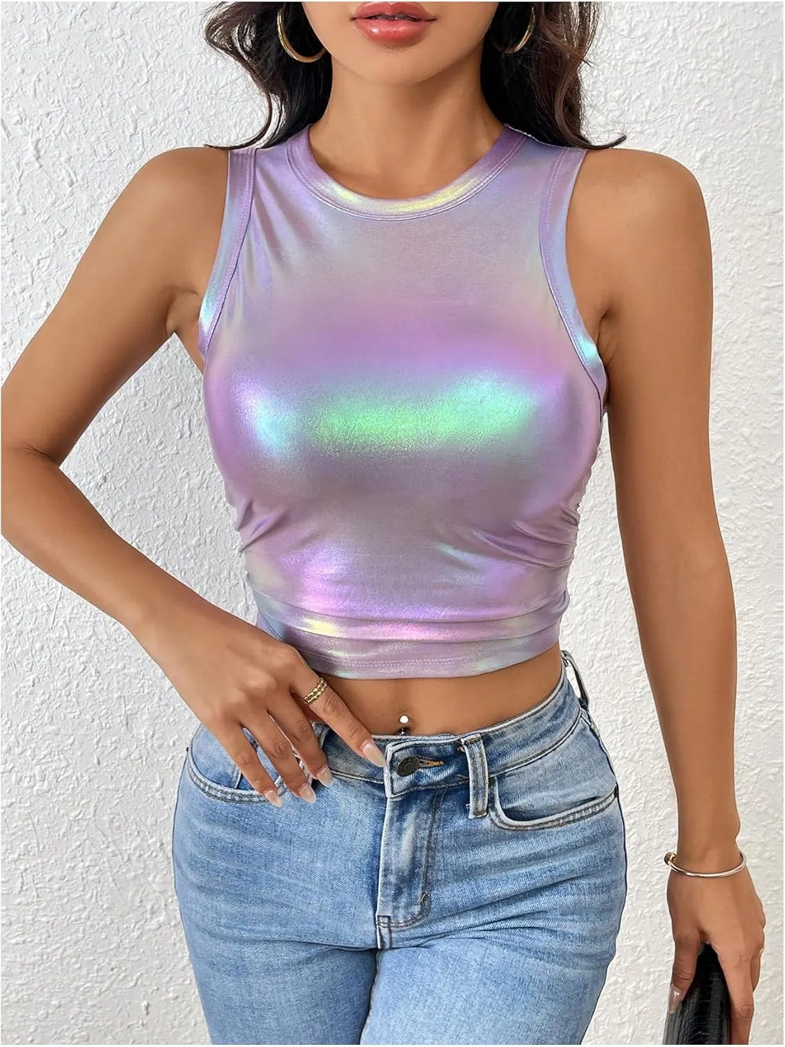 Floerns Women's Metallic Glitter Crew Neck Tank Top Ruched Sleeveless Party Crop Tops