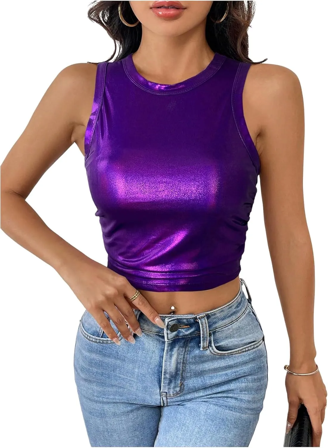 Floerns Women's Metallic Glitter Crew Neck Tank Top Ruched Sleeveless Party Crop Tops