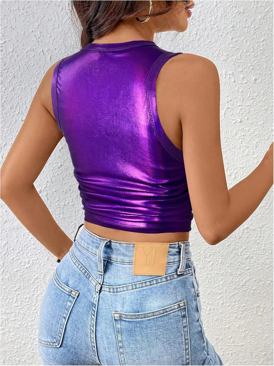 Floerns Women's Metallic Glitter Crew Neck Tank Top Ruched Sleeveless Party Crop Tops