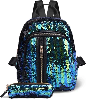 Fmeida Reversible Sequin School Backpack Lightweight Little Kid Book Bag for Preschool Kindergarten Elementary - Blue&Green