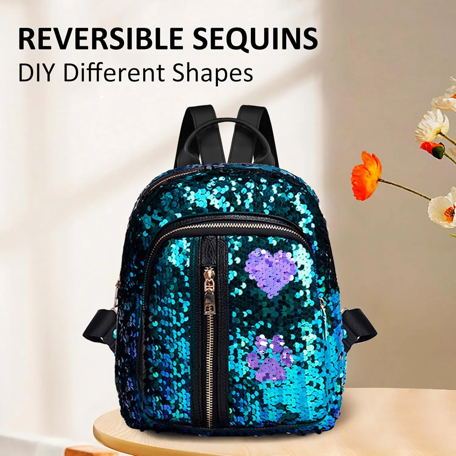 Fmeida Reversible Sequin School Backpack Lightweight Little Kid Book Bag for Preschool Kindergarten Elementary - Blue&Green