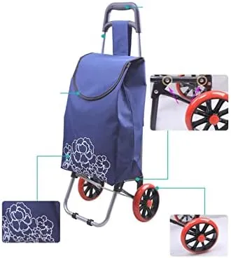 Foldable Grocery Shopping Cart - Food Organizer Trolley Bag On Wheels Bags, Buy Vegetables Shopping Bags, Shopping Trolley is Made of Aluminum and Polyester (Color : Biue)
