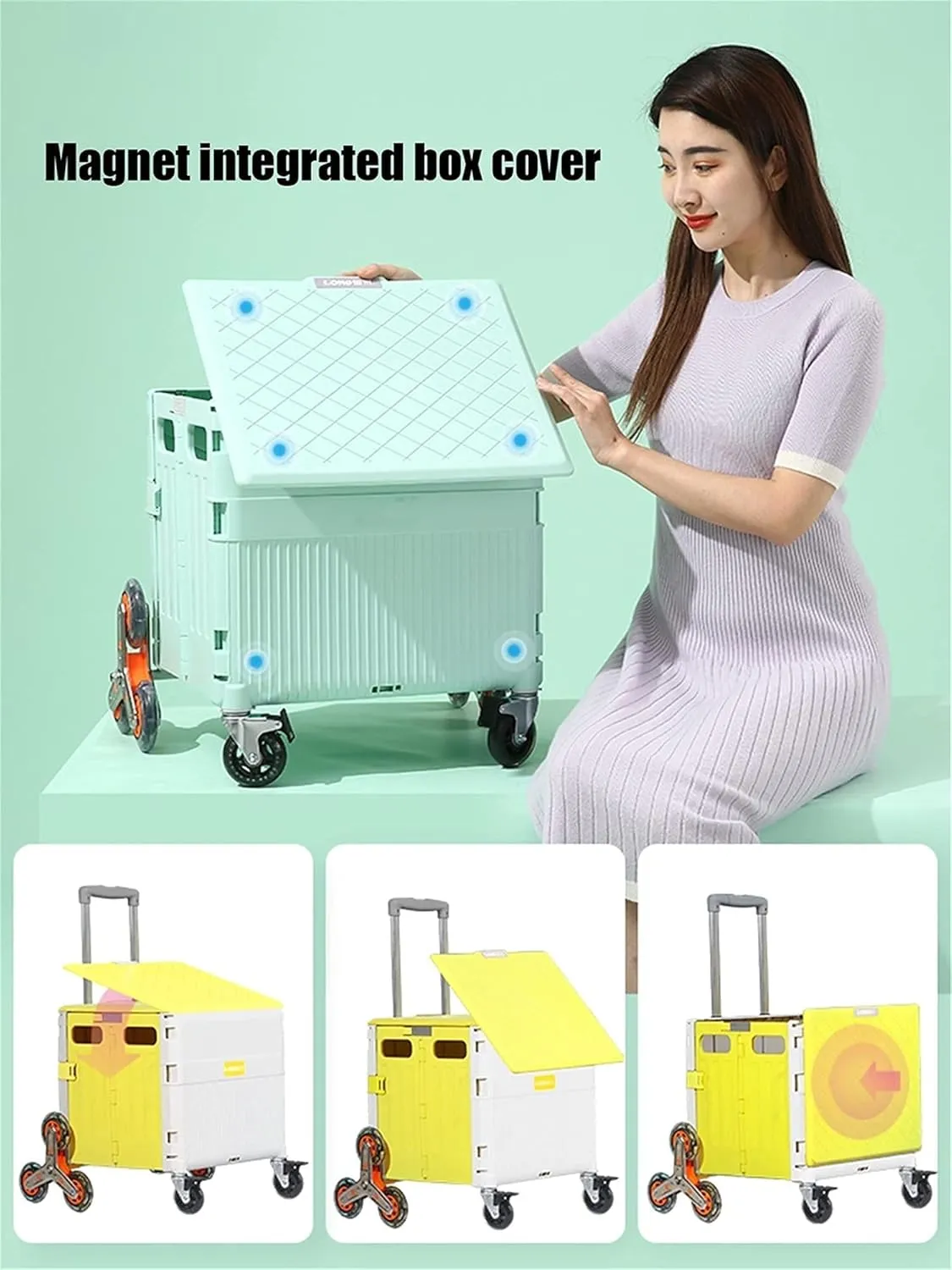 Folding Boot Cart Portable Stair Climbing Trolley, Folding Crate with Magnetic Lid, Heavy-Duty Vehicles, Travel, Shopping, Utility Vehicles