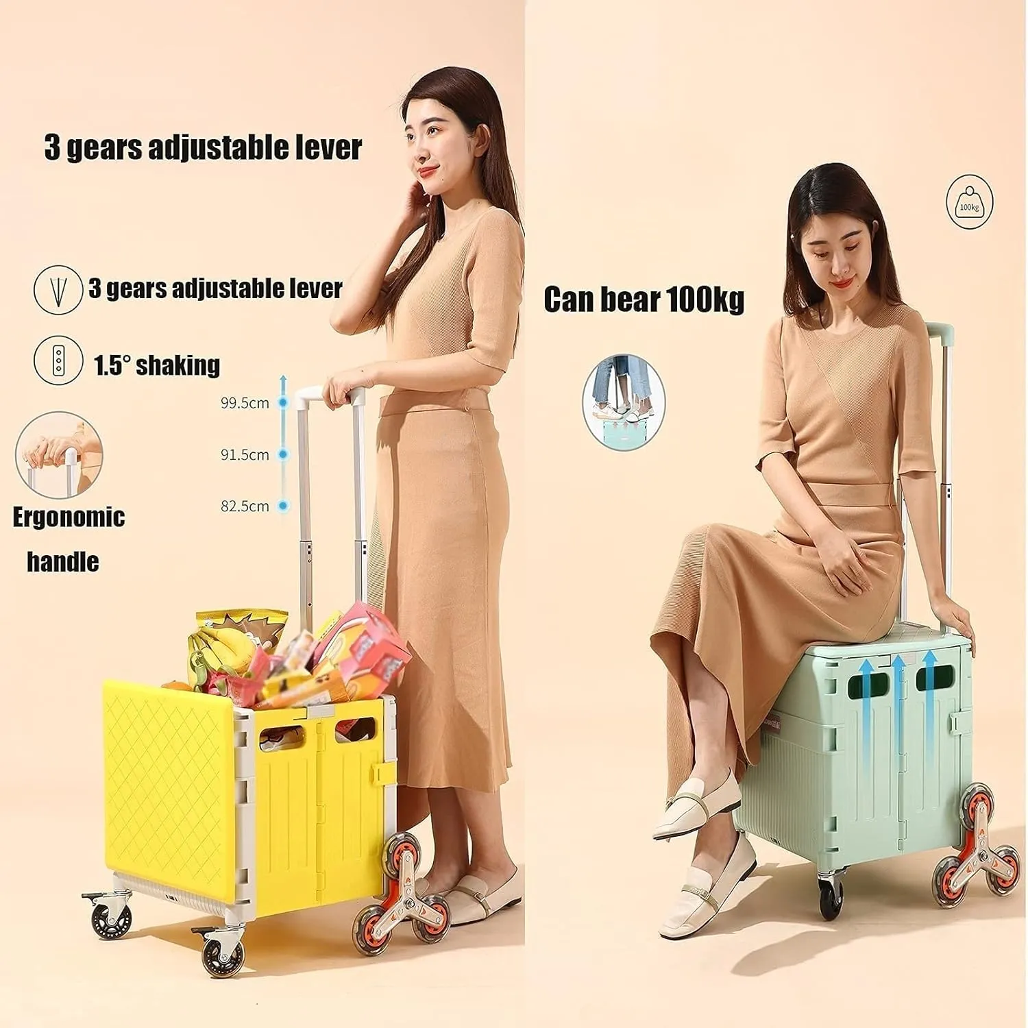 Folding Boot Cart Portable Stair Climbing Trolley, Folding Crate with Magnetic Lid, Heavy-Duty Vehicles, Travel, Shopping, Utility Vehicles
