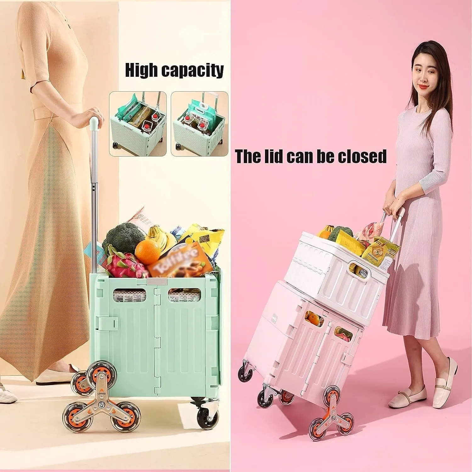 Folding Boot Cart Portable Stair Climbing Trolley, Folding Crate with Magnetic Lid, Heavy-Duty Vehicles, Travel, Shopping, Utility Vehicles