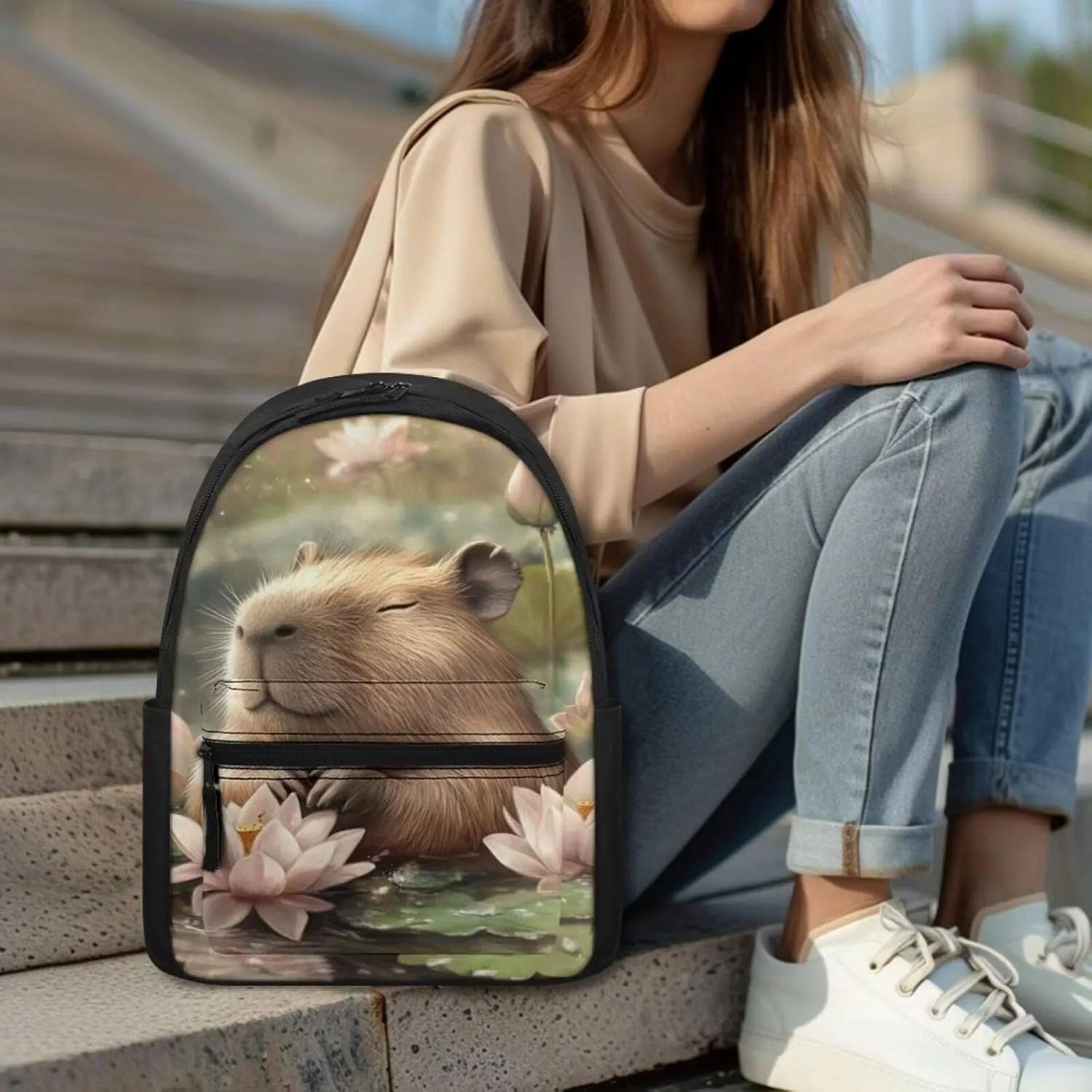 FOR U DESIGNS School Backpack for Kindergarten Girls Capybara Bookbag Ages 8-10 Lightweight Kawaii Lotus Floral Elementary School Bag Grade 1 School Supplies