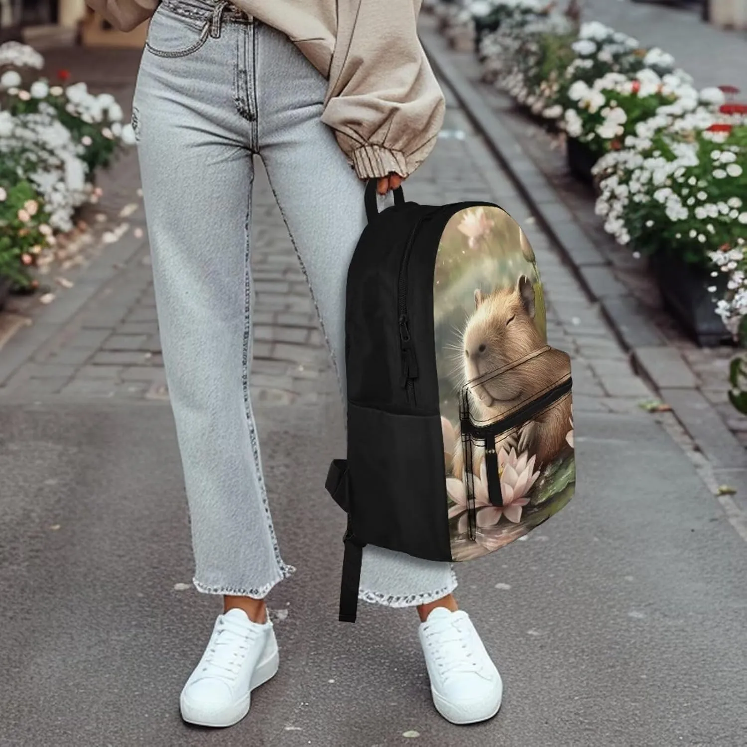 FOR U DESIGNS School Backpack for Kindergarten Girls Capybara Bookbag Ages 8-10 Lightweight Kawaii Lotus Floral Elementary School Bag Grade 1 School Supplies
