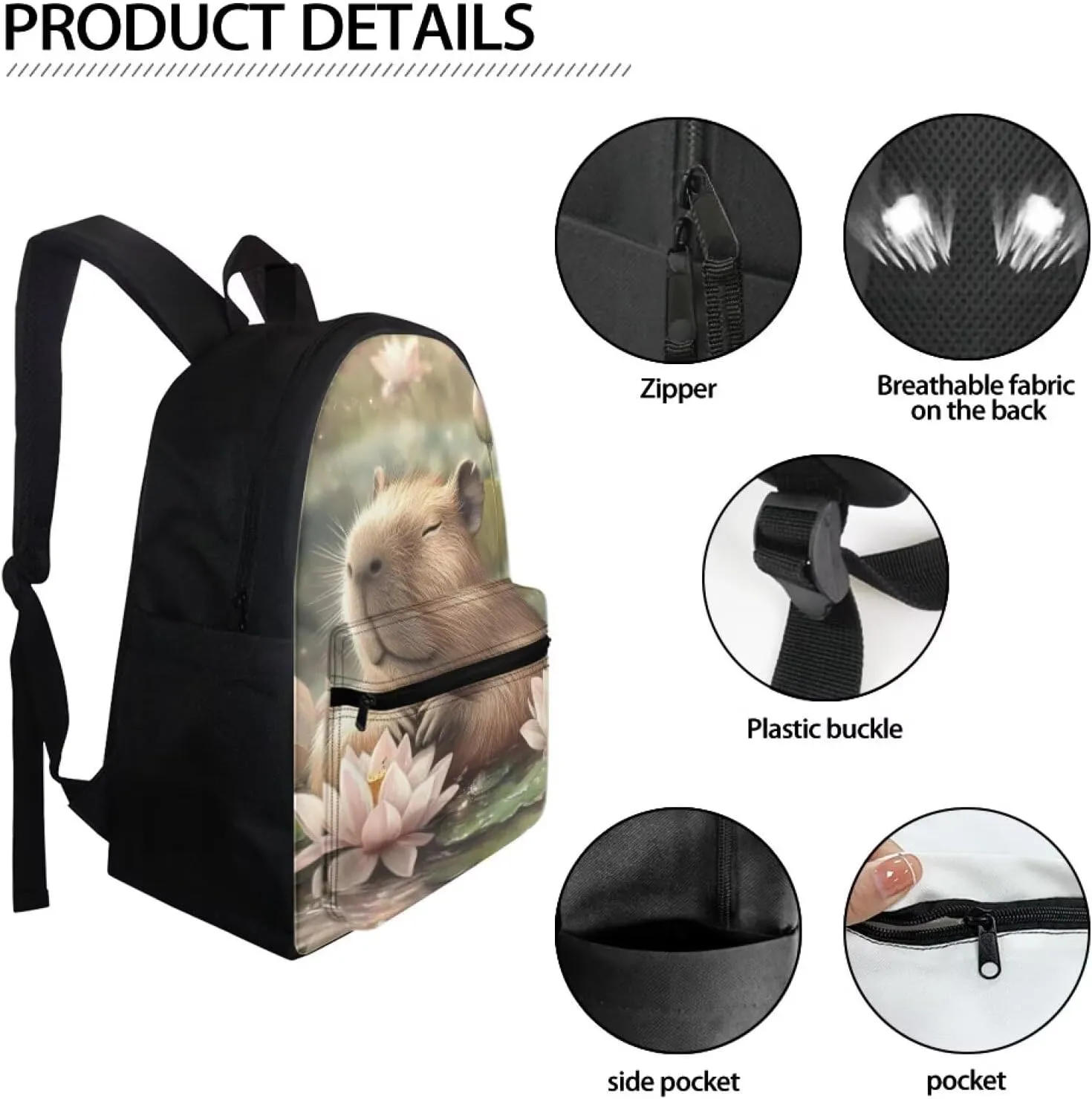 FOR U DESIGNS School Backpack for Kindergarten Girls Capybara Bookbag Ages 8-10 Lightweight Kawaii Lotus Floral Elementary School Bag Grade 1 School Supplies