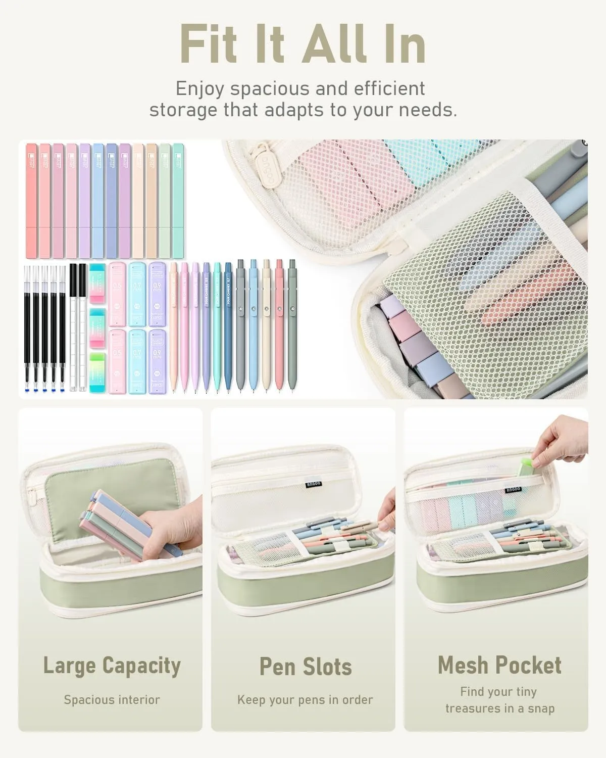 Four Candies 39 PCS Aesthetic School Supplies with Cute Pen Case, 12 Pastel Highlighters, 5 Black Ink Gel Pens, 6 Mechanical Pencils Set 0.5 & 0.7 mm for Students Stationary College Essentials (Green)