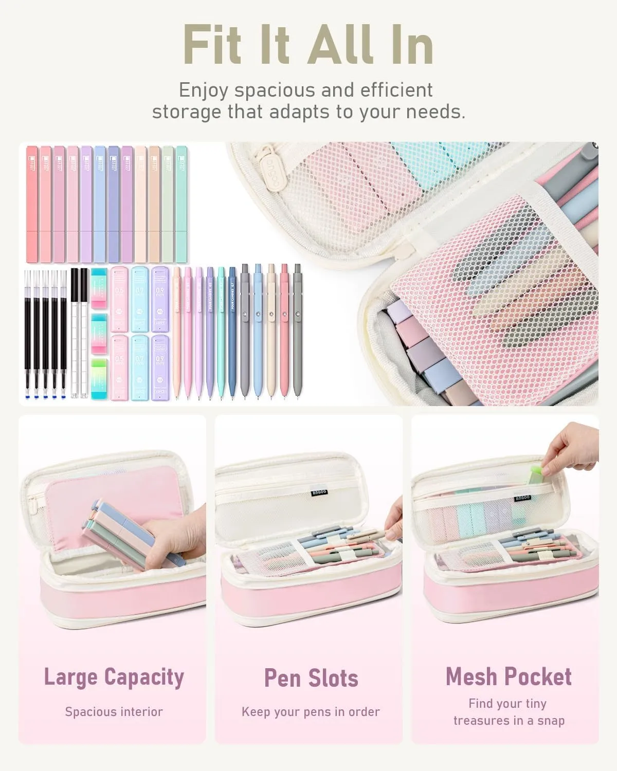 Four Candies 39 PCS Aesthetic School Supplies with Cute Pen Case, 12 Pastel Highlighters, 5 Black Ink Gel Pens, 6 Mechanical Pencils Set 0.5 & 0.7 mm for Students Stationary College Essentials (Pink)