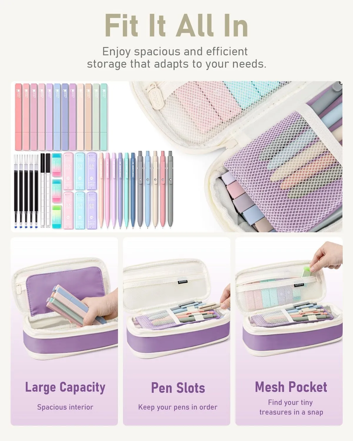 Four Candies 39 PCS Aesthetic School Supplies with Cute Pen Case, 12 Pastel Highlighters, 5 Black Ink Gel Pens, 6 Mechanical Pencils Set 0.5 & 0.7mm for Students Stationary College Essentials (Purple)
