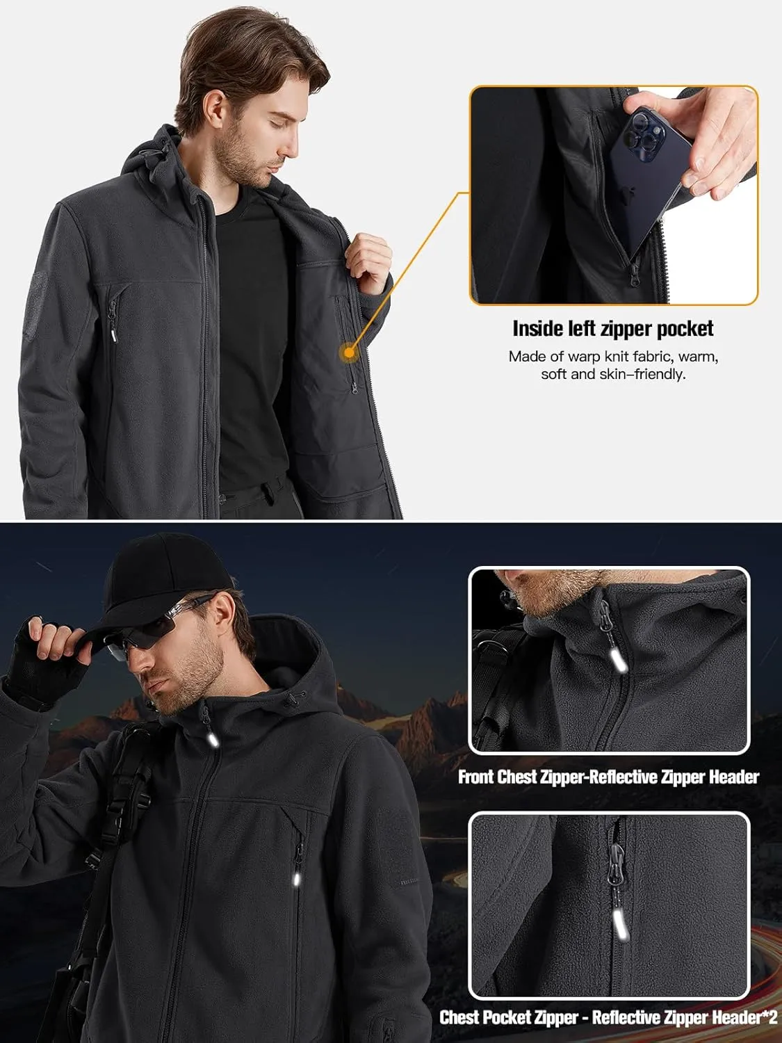 FREE SOLDIER Men's Fleece Jackets Full Zip Casual Outdoor Military Tactical Hoodie Jacket Windproof Warm Winter Coats