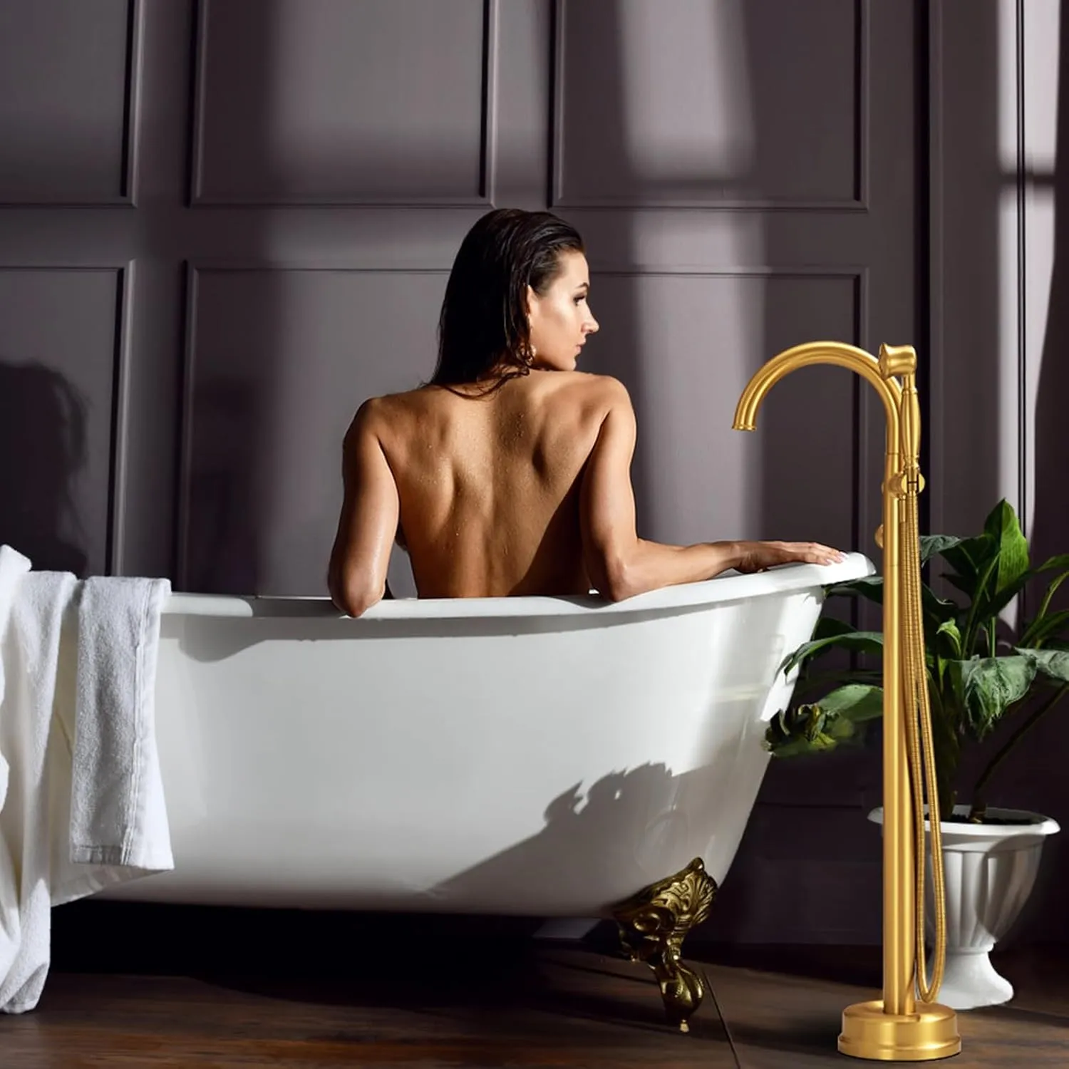 Free Standing Tub Faucet, Wintap Antique Freestanding Bathtub Faucet with Handheld Sprayer Max 6.6GPM/60PSI High Flow Floor Mount Tub Filler Brass Classic Stand Alone Tub Faucet Brushed Gold WT-9811BG