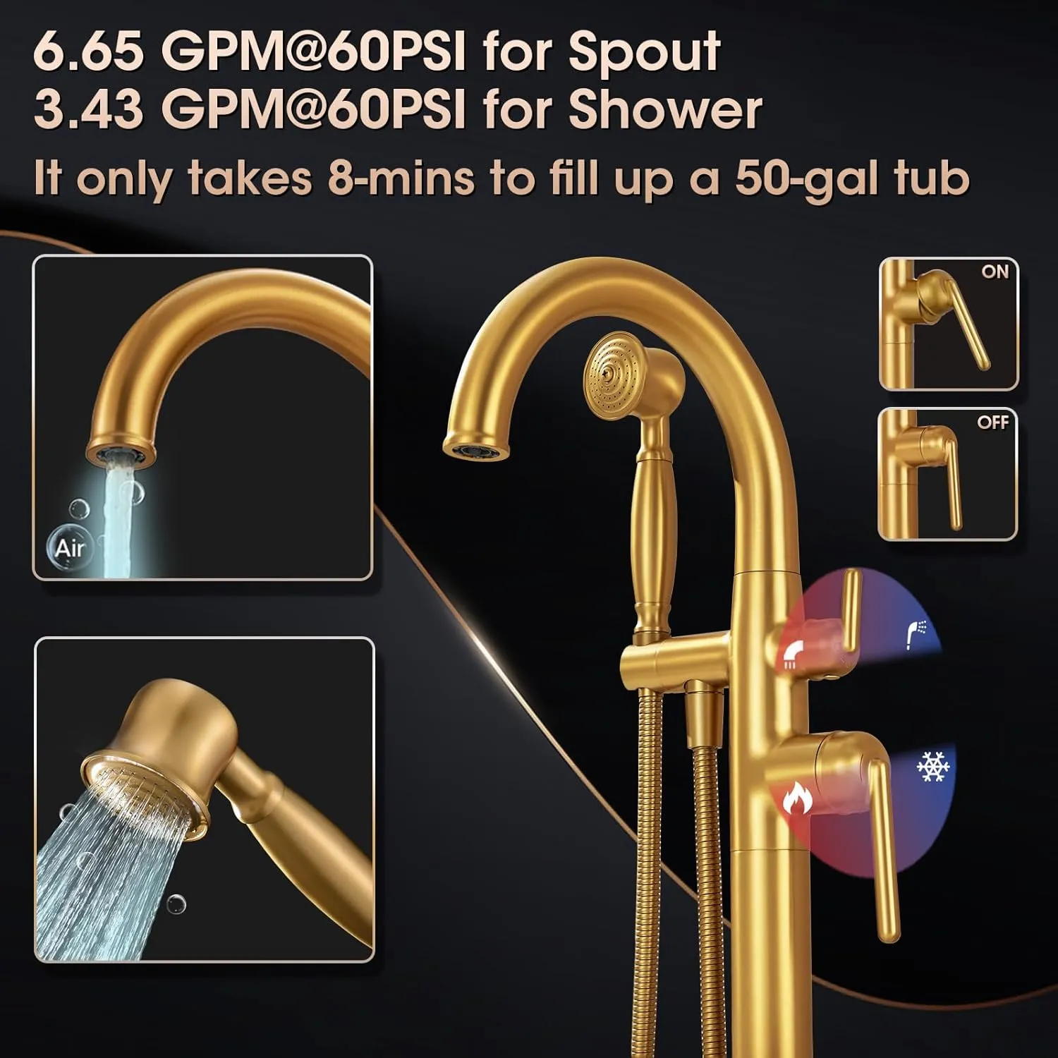 Free Standing Tub Faucet, Wintap Antique Freestanding Bathtub Faucet with Handheld Sprayer Max 6.6GPM/60PSI High Flow Floor Mount Tub Filler Brass Classic Stand Alone Tub Faucet Brushed Gold WT-9811BG