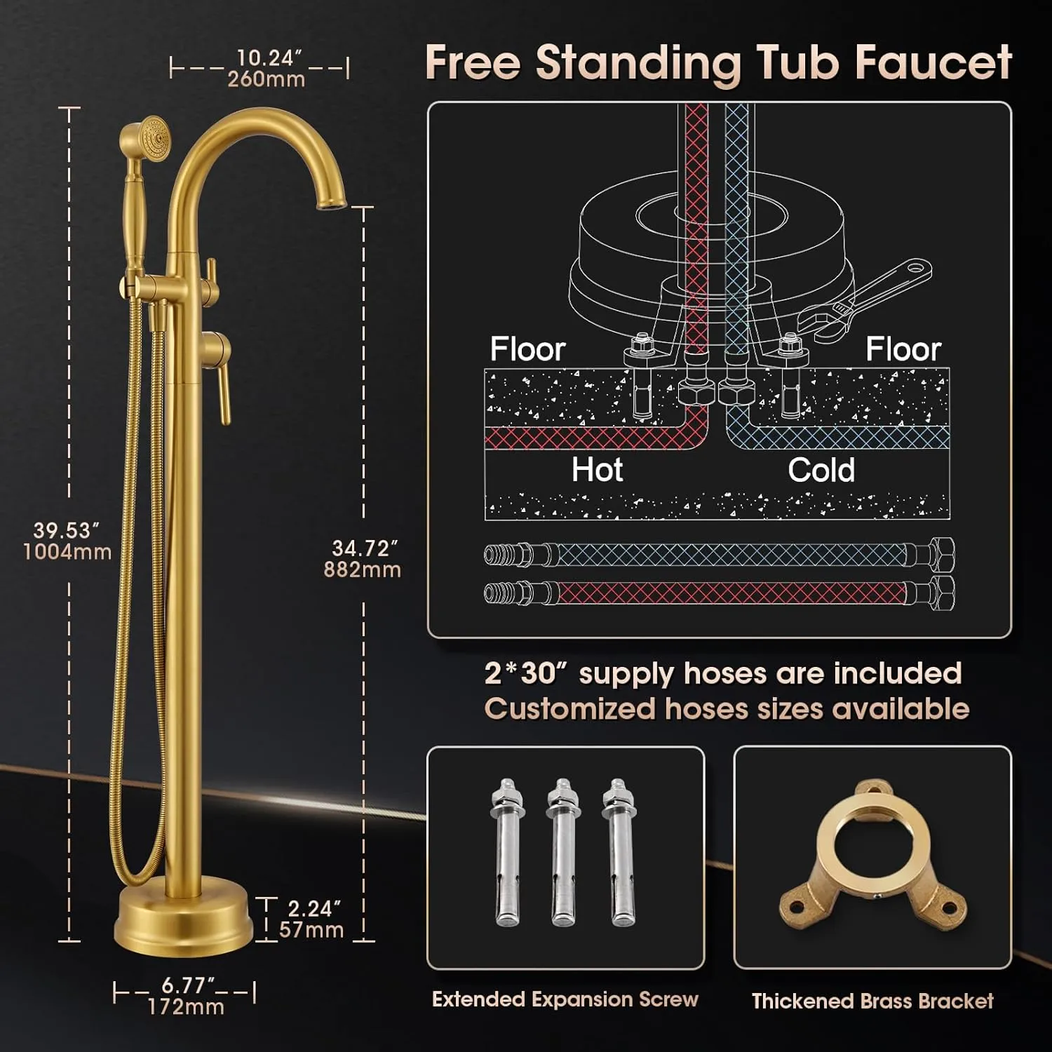 Free Standing Tub Faucet, Wintap Antique Freestanding Bathtub Faucet with Handheld Sprayer Max 6.6GPM/60PSI High Flow Floor Mount Tub Filler Brass Classic Stand Alone Tub Faucet Brushed Gold WT-9811BG