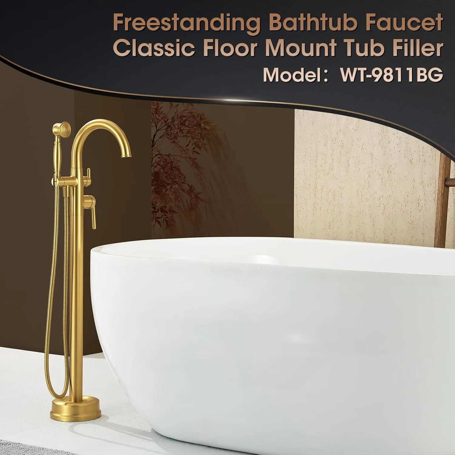 Free Standing Tub Faucet, Wintap Antique Freestanding Bathtub Faucet with Handheld Sprayer Max 6.6GPM/60PSI High Flow Floor Mount Tub Filler Brass Classic Stand Alone Tub Faucet Brushed Gold WT-9811BG