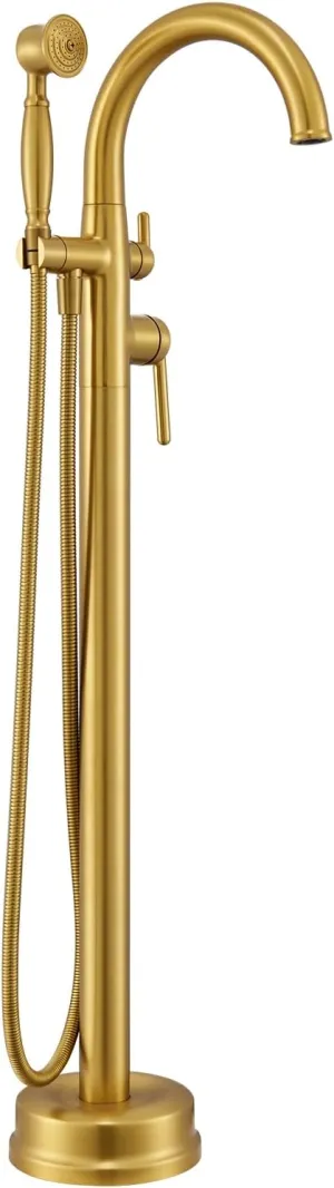 Free Standing Tub Faucet, Wintap Antique Freestanding Bathtub Faucet with Handheld Sprayer Max 6.6GPM/60PSI High Flow Floor Mount Tub Filler Brass Classic Stand Alone Tub Faucet Brushed Gold WT-9811BG