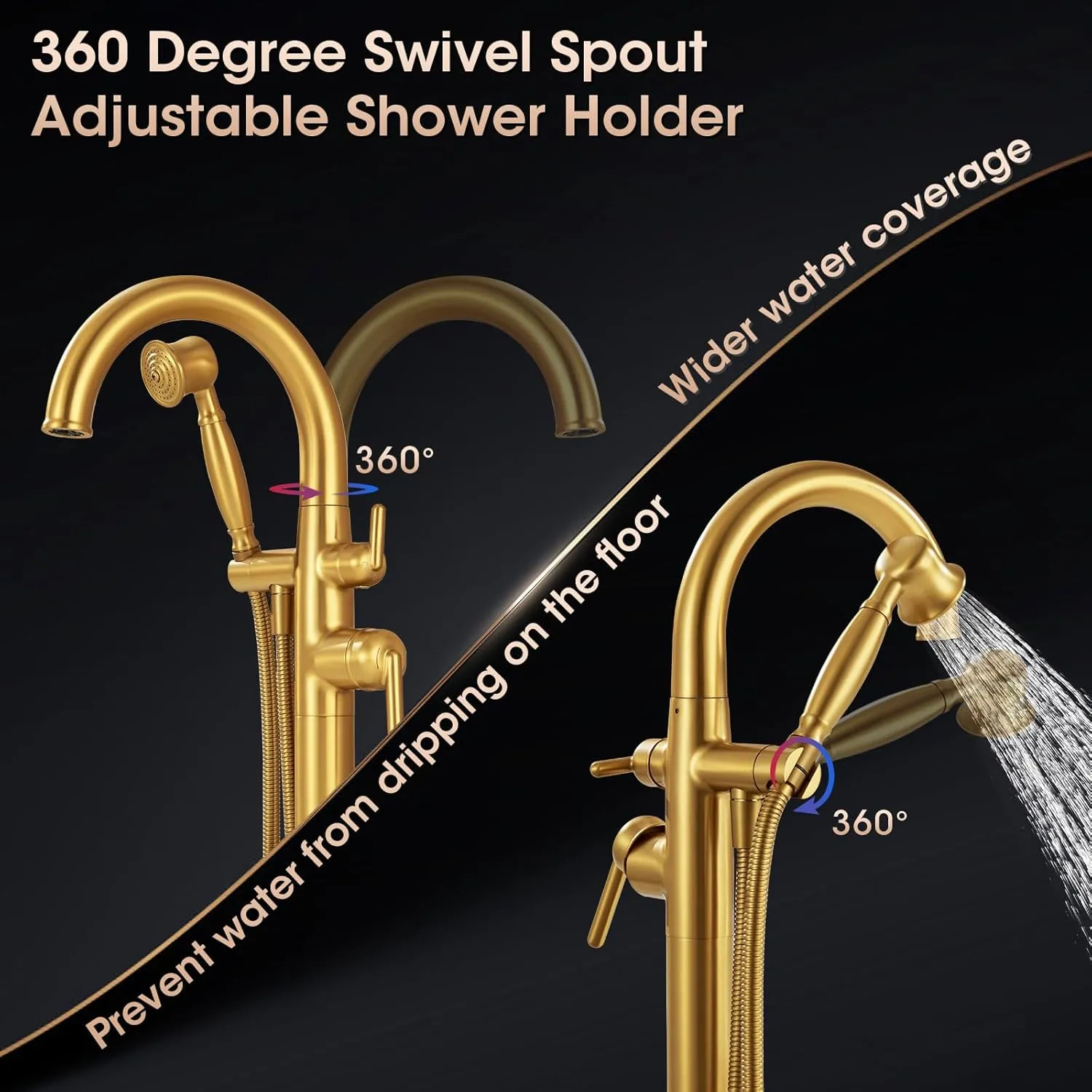Free Standing Tub Faucet, Wintap Antique Freestanding Bathtub Faucet with Handheld Sprayer Max 6.6GPM/60PSI High Flow Floor Mount Tub Filler Brass Classic Stand Alone Tub Faucet Brushed Gold WT-9811BG