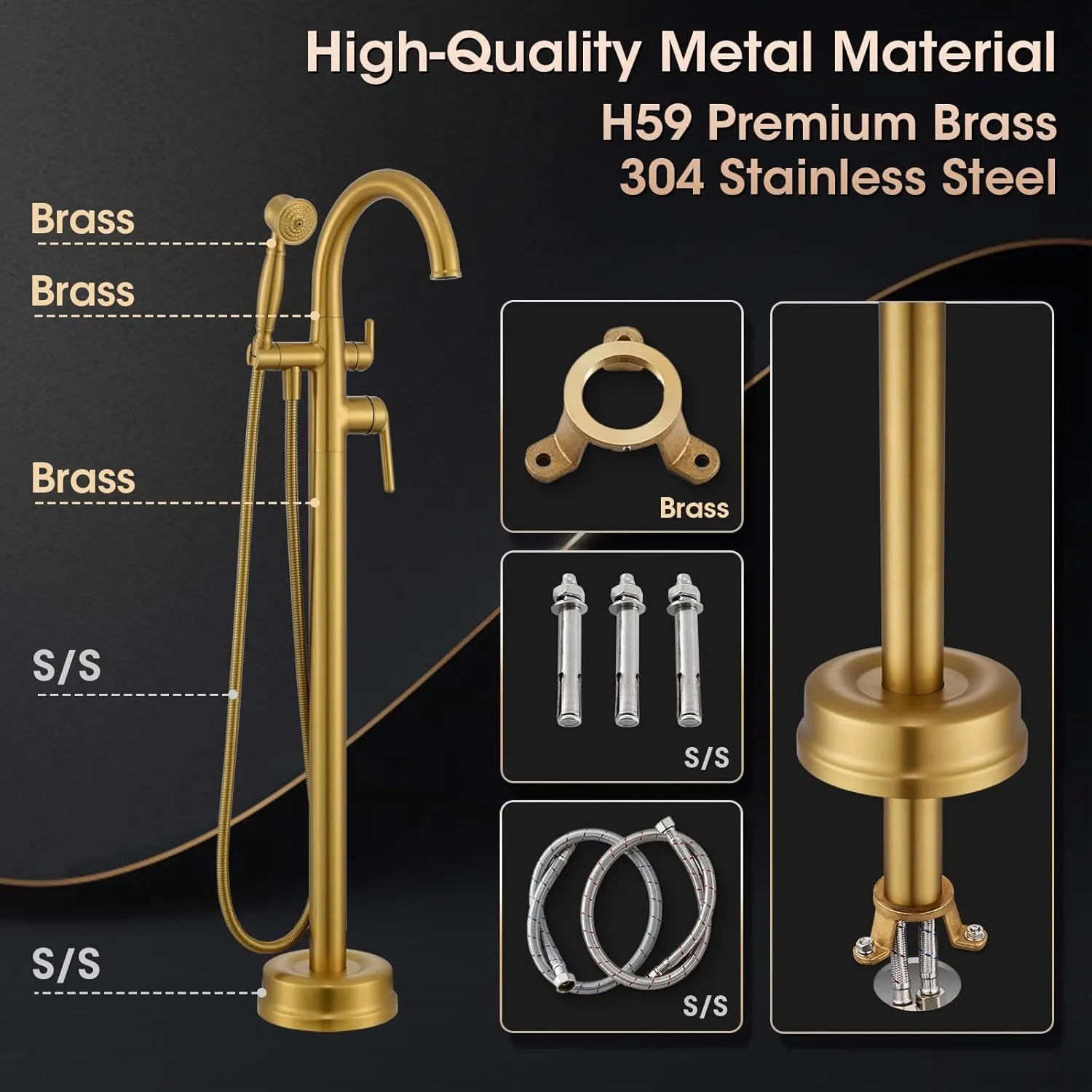 Free Standing Tub Faucet, Wintap Antique Freestanding Bathtub Faucet with Handheld Sprayer Max 6.6GPM/60PSI High Flow Floor Mount Tub Filler Brass Classic Stand Alone Tub Faucet Brushed Gold WT-9811BG