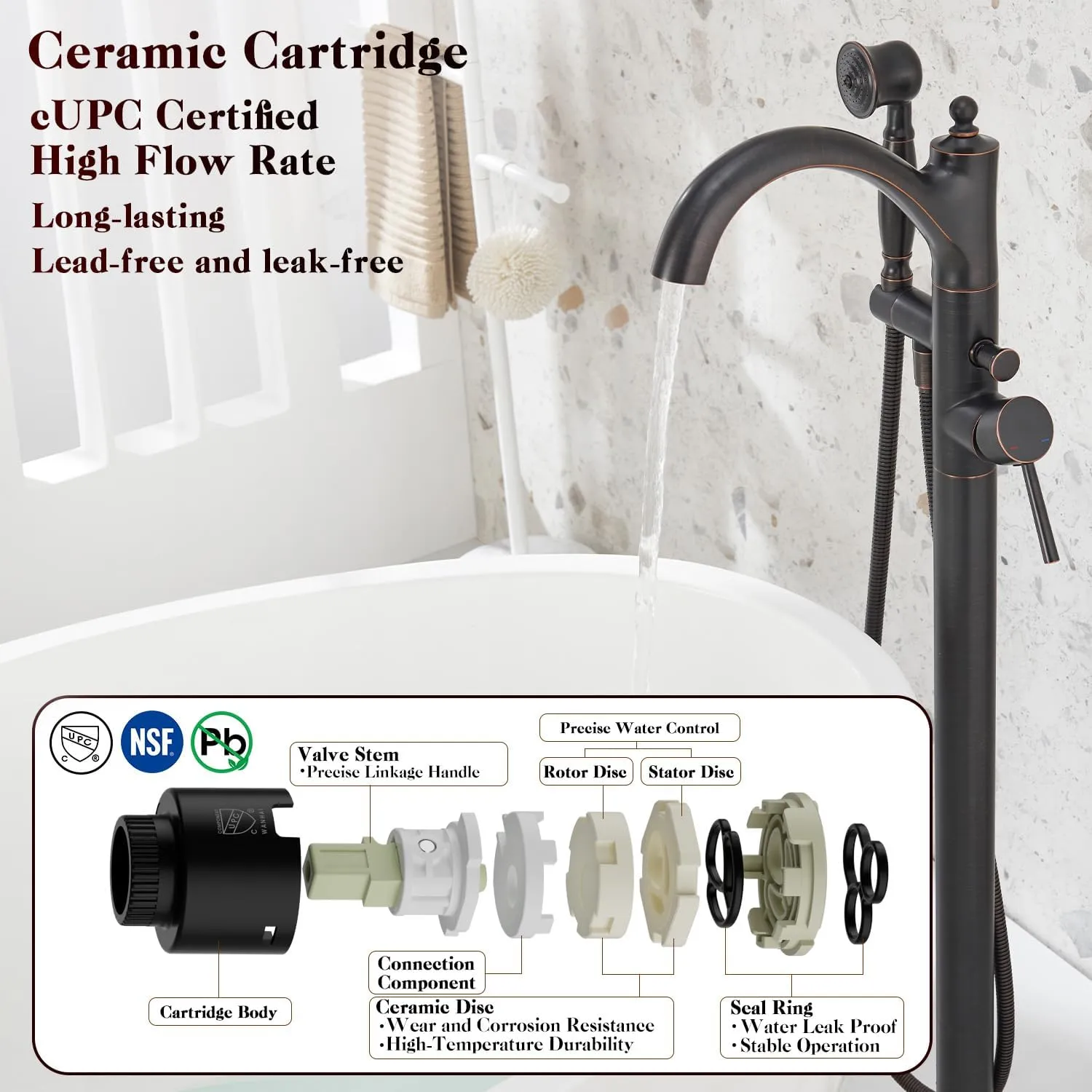 Freestanding Bathtub Faucet, Classic Free Standing Tub Faucet with Retro Handheld Sprayer High Flow Max 7.04GPM Floor Mounted Tub Fillers Swivel Spout Tub Faucets Oil Rubbed Bronze (WT-9002ORB)