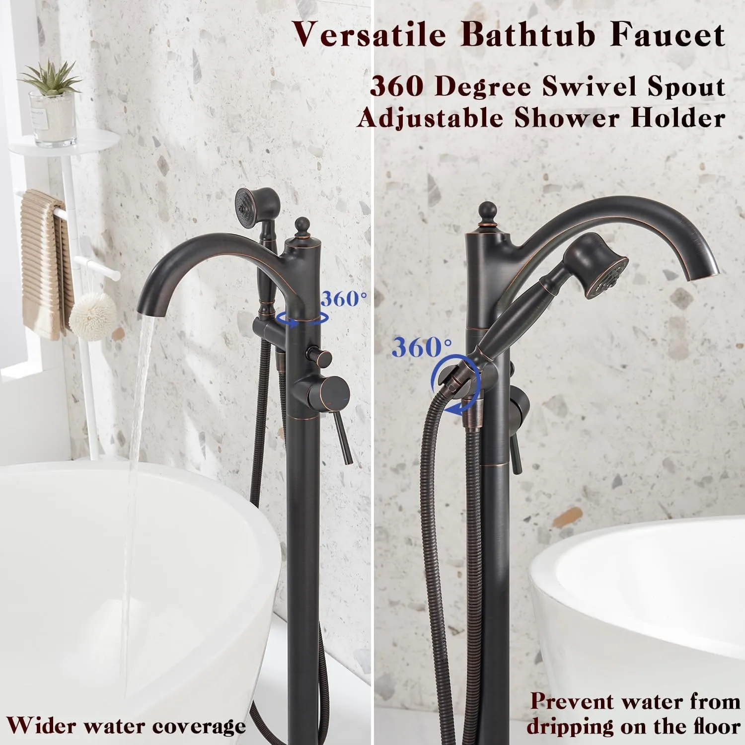Freestanding Bathtub Faucet, Classic Free Standing Tub Faucet with Retro Handheld Sprayer High Flow Max 7.04GPM Floor Mounted Tub Fillers Swivel Spout Tub Faucets Oil Rubbed Bronze (WT-9002ORB)